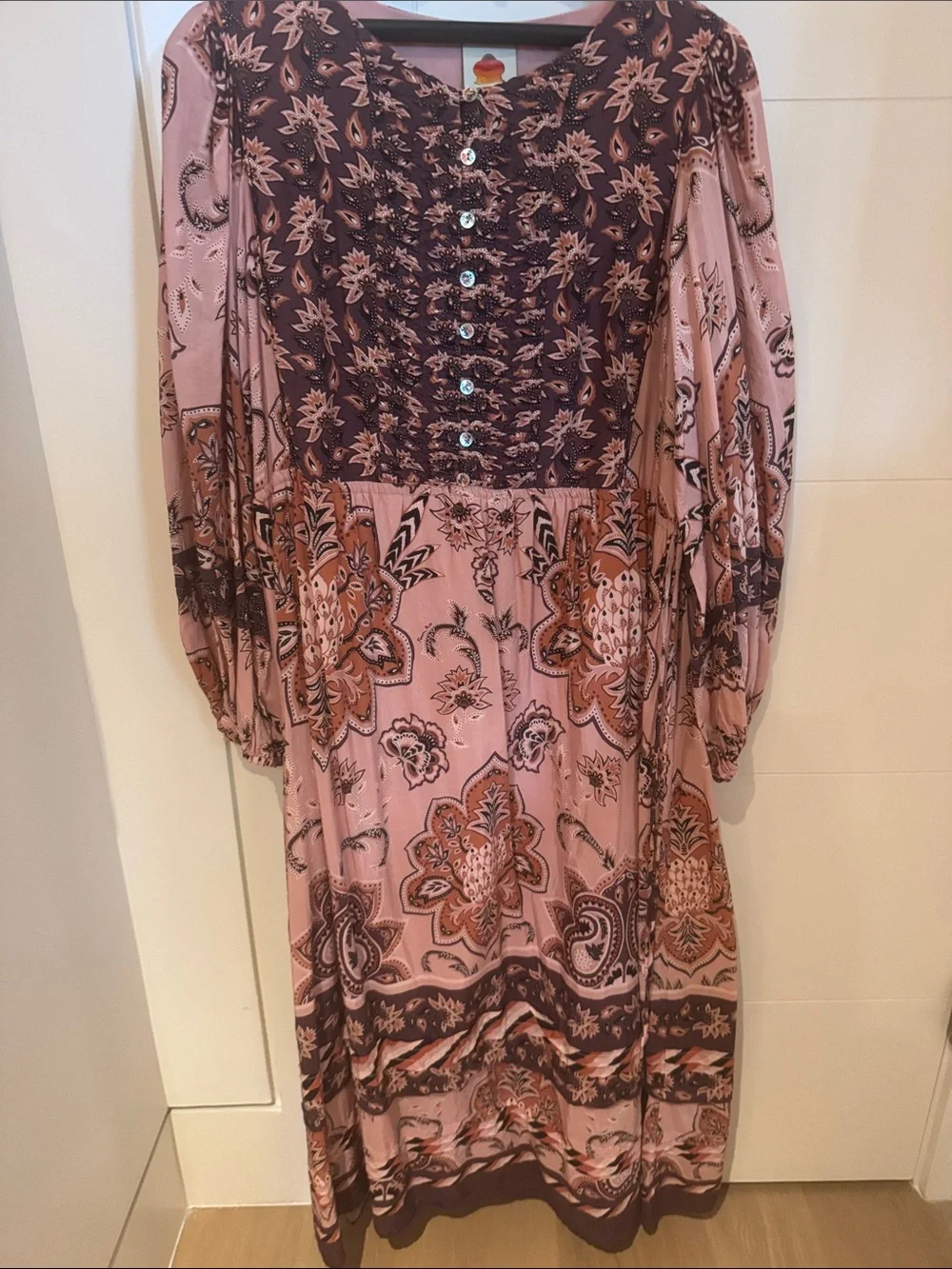 FARM Rio Pink and Brown Paisley Long Sleeve Maxi Dress